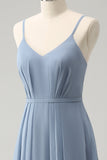 Grey Blue A Line Spaghetti Straps Pleated Long Bridesmaid Dress