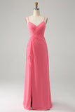 Coral A Line Spaghetti Straps Chiffon Long Bridesmaid Dress With Slit