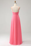 Coral A Line Spaghetti Straps Chiffon Long Bridesmaid Dress With Slit