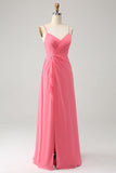 Coral A Line Spaghetti Straps Chiffon Long Bridesmaid Dress With Slit