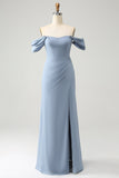 Grey Blue Sheath Off the Shoulder Chiffon Long Bridesmaid Dress with Slit