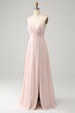 Pink A Line Spaghetti Straps Chiffon Long Bridesmaid Dress with Slit