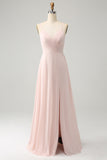 Pink A Line Spaghetti Straps Chiffon Long Bridesmaid Dress with Slit