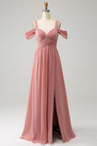 Brick Red A Line Spaghetti Straps Pleated Chiffon Long Bridesmaid Dress with Slit