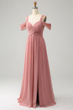 Brick Red A Line Spaghetti Straps Pleated Chiffon Long Bridesmaid Dress with Slit