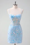 Sparkly Light Blue Spaghetti Straps Lace Up Back Corset Tight Homecoming Dress with Sequins