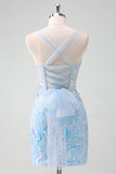 Sparkly Light Blue Spaghetti Straps Lace Up Back Corset Tight Homecoming Dress with Sequins