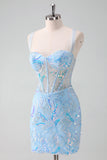 Sparkly Light Blue Spaghetti Straps Lace Up Back Corset Tight Homecoming Dress with Sequins