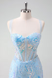 Sparkly Light Blue Spaghetti Straps Lace Up Back Corset Tight Homecoming Dress with Sequins