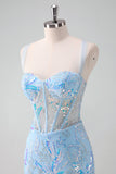 Sparkly Light Blue Spaghetti Straps Lace Up Back Corset Tight Homecoming Dress with Sequins