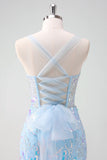 Sparkly Light Blue Spaghetti Straps Lace Up Back Corset Tight Homecoming Dress with Sequins