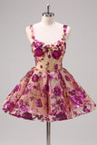 Fuchsia A Line Spaghetti Straps Short Sequins Corset Homecoming Dress