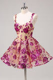 Fuchsia A Line Spaghetti Straps Short Sequins Corset Homecoming Dress