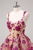 Fuchsia A Line Spaghetti Straps Short Sequins Corset Homecoming Dress