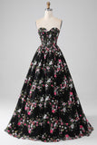 Black Princess Strapless Corset Long Prom Dress with Embroidery