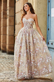 Champagne Princess Strapless Corset Long Prom Dress with Embroidery