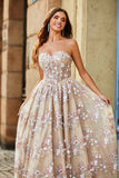 Champagne Princess Strapless Corset Long Prom Dress with Embroidery