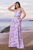 Grey Purple A-Line Cut Out Rose Print Long Bridesmaid Dress with Ruffles