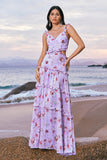 Grey Purple A-Line Cut Out Rose Print Long Bridesmaid Dress with Ruffles