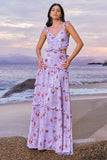 Grey Purple A-Line Floral Hollow Out Ruffle Long Bridesmaid Dress