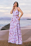 Grey Purple A-Line Cut Out Rose Print Long Bridesmaid Dress with Ruffles