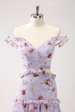 Grey Purple A Line Off The Shoulder Floral Long Bridesmaid Dress with Hollow Out