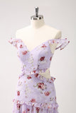 Grey Purple A Line Off The Shoulder Floral Long Bridesmaid Dress with Hollow Out