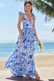 Blue A-Line V Neck Print Floral Ruched Long Bridesmaid Dress