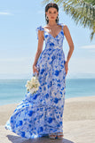 Blue A-Line V Neck Print Floral Ruched Long Bridesmaid Dress