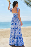 Blue A-Line V Neck Print Floral Ruched Long Bridesmaid Dress