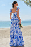 Blue A-Line V Neck Print Floral Ruched Long Bridesmaid Dress