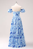 Blue A Line Off The Shoulder Print Floral Ruched Long Bridesmaid Dress