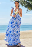 Blue A-Line V Neck Print Floral Ruched Long Bridesmaid Dress