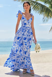 Blue A-Line V Neck Print Floral Ruched Long Bridesmaid Dress