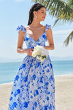 Blue A-Line V Neck Print Floral Ruched Long Bridesmaid Dress