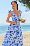 Blue A-Line V Neck Print Floral Ruched Long Bridesmaid Dress