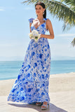 Blue A-Line V Neck Print Floral Ruched Long Bridesmaid Dress