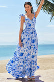 Blue A-Line V Neck Print Floral Ruched Long Bridesmaid Dress