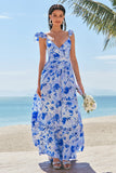 Blue A-Line V Neck Print Floral Ruched Long Bridesmaid Dress