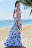 Blue A-Line V Neck Print Floral Ruched Long Bridesmaid Dress