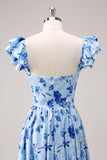 Blue A Line Off The Shoulder Print Floral Ruched Long Bridesmaid Dress