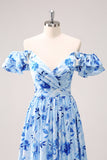 Blue A Line Off The Shoulder Print Floral Ruched Long Bridesmaid Dress