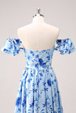 Blue A Line Off The Shoulder Print Floral Ruched Long Bridesmaid Dress