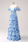 Blue A Line Off The Shoulder Print Floral Ruched Long Bridesmaid Dress