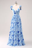 Blue A Line Off The Shoulder Print Floral Ruched Long Bridesmaid Dress