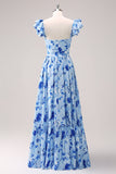 Blue A Line Off The Shoulder Print Floral Ruched Long Bridesmaid Dress