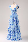 Blue A Line Off The Shoulder Print Floral Ruched Long Bridesmaid Dress