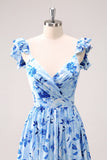 Blue A Line Off The Shoulder Print Floral Ruched Long Bridesmaid Dress