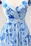 Blue A Line Off The Shoulder Print Floral Ruched Long Bridesmaid Dress