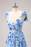 Blue A Line Off The Shoulder Print Floral Ruched Long Bridesmaid Dress